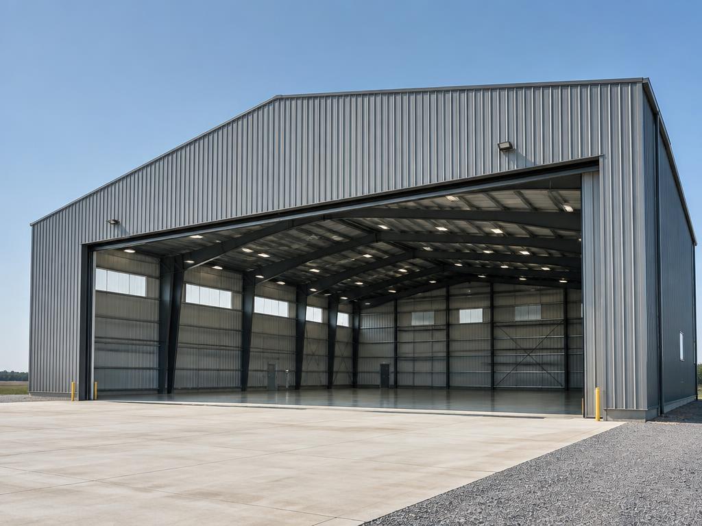 Tall clear-span metal hangar with a large open door