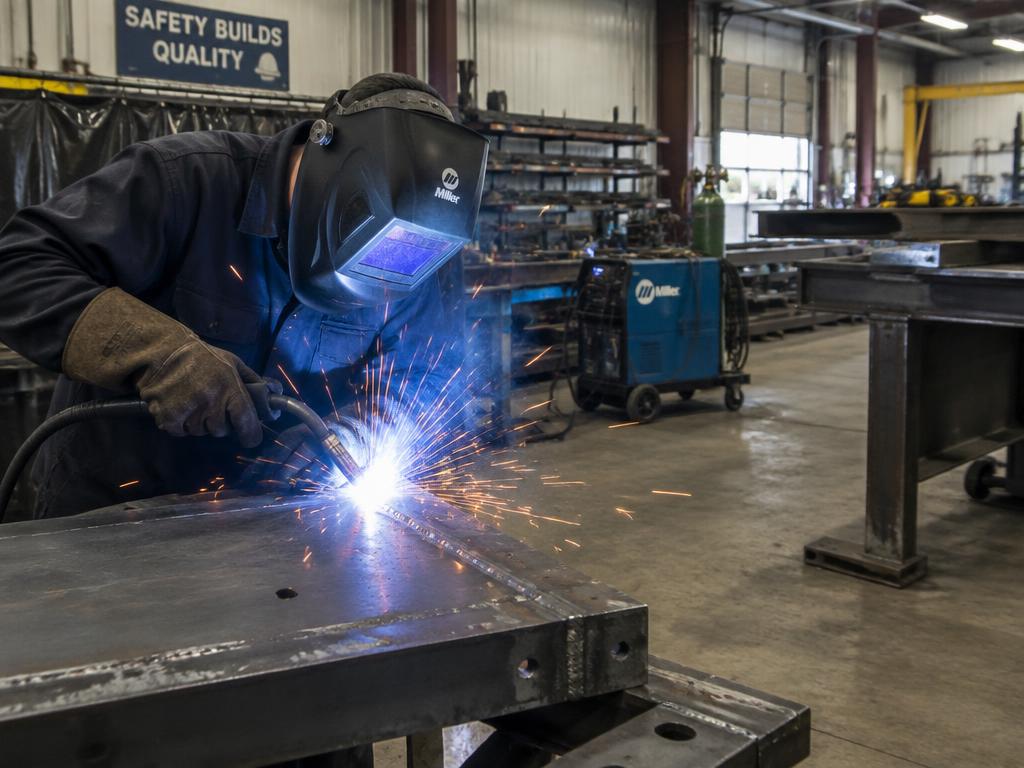 Welder joining steel members inside a fabrication shop