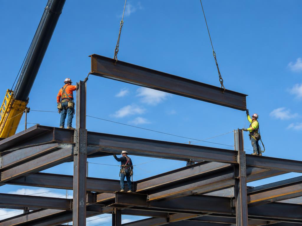 Ironworkers guiding a steel beam into place with a crane
